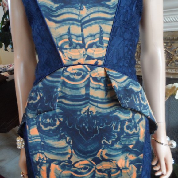 New Fotini Navy Blue Lace Dress w/Orange-Blue Abstract Print Inserts Size 8 - Picture 9 of 16